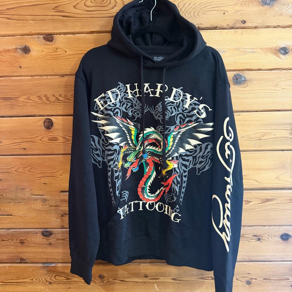 Ed Hardy Black Hoodie Multicolor Dragon Print Mens size Large
